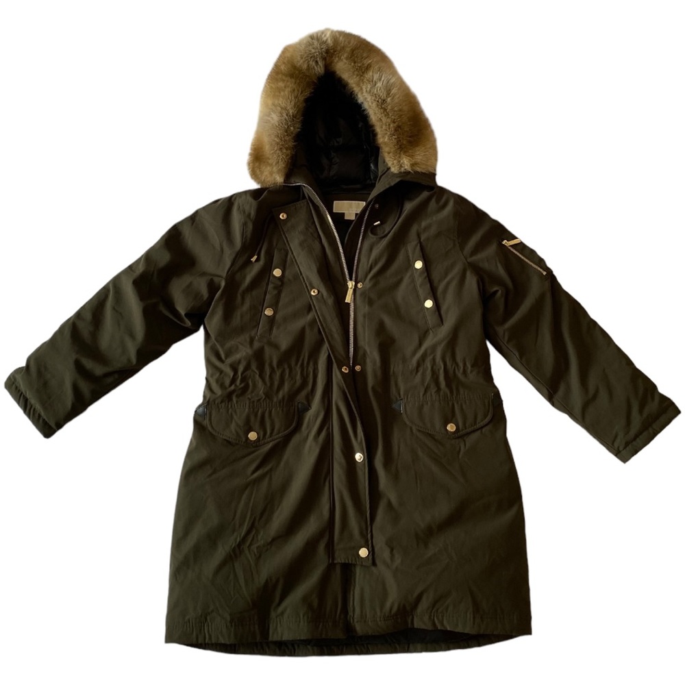 NWOT michael kors green missy down-filled anorak faux fur hooded parka, size XL